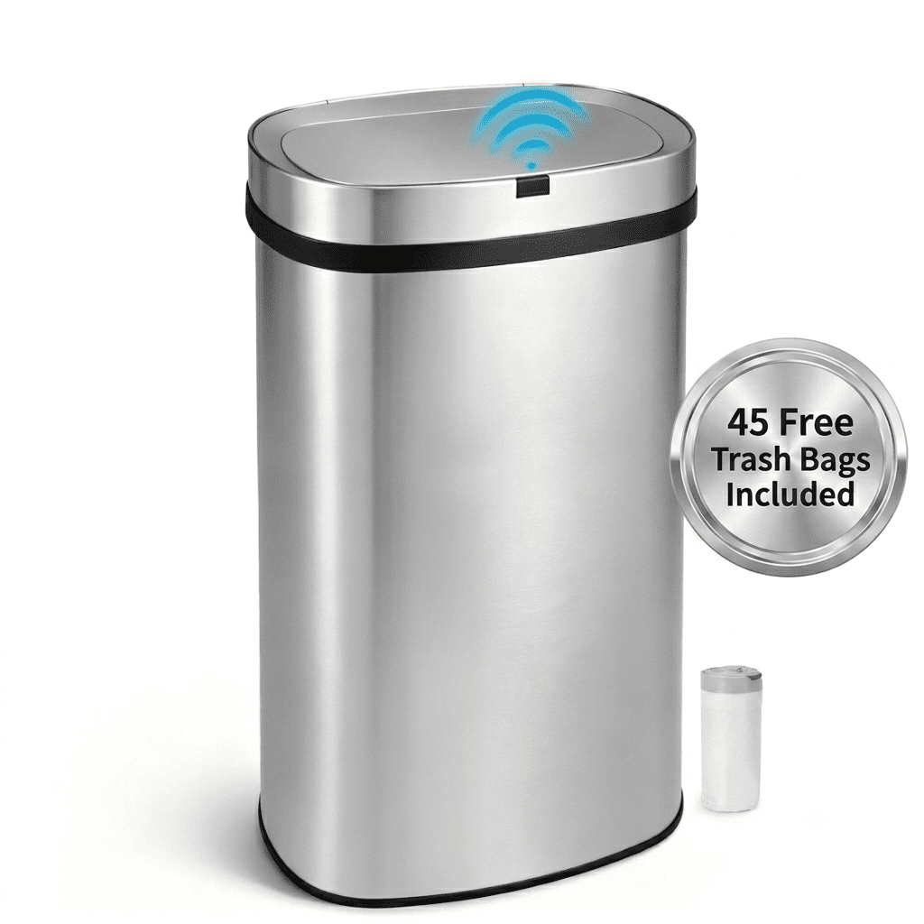 Innovaze 16 Gal. Touchless Motion Sensor Stainless Steel Kitchen Trash Can, Oval Design, Includes 45 Trash Bags, Silver