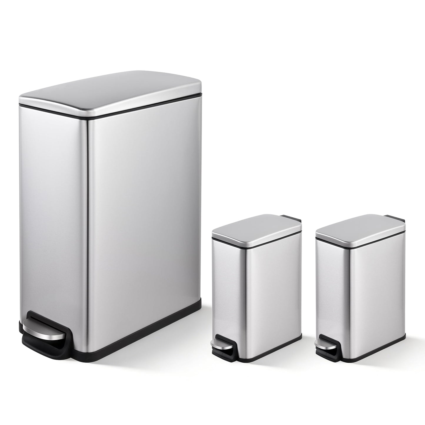 Innovaze 11.9 gal + Two 1.6 gal Slim Trash Can Combo, Stainless Steel Step Kitchen and Bathroom Garbage Can Set