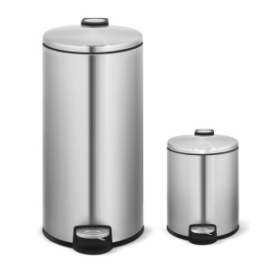Round Series-Innovaze USA-8 Gal./30-Liter and 1.3 Gal./5-Liter fingerprint free brushed stainless steel trash can set
