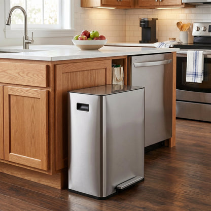 Innovaze 16 Gallon Stainless Steel Kitchen Trash Can, Dual 30L Compartments with Soft-Close Lid, Foot Pedals, Removable Buckets & Fingerprint-Resistant Finish, Silver