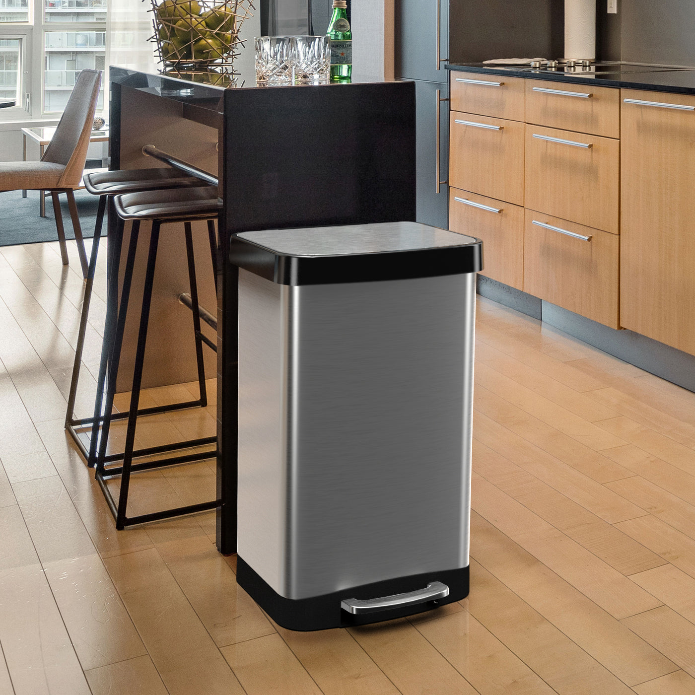 Innovaze 14.5 Gallon Trash Can, Stainless Steel Rectangular Step on Kitchen Garbage Can, Silver
