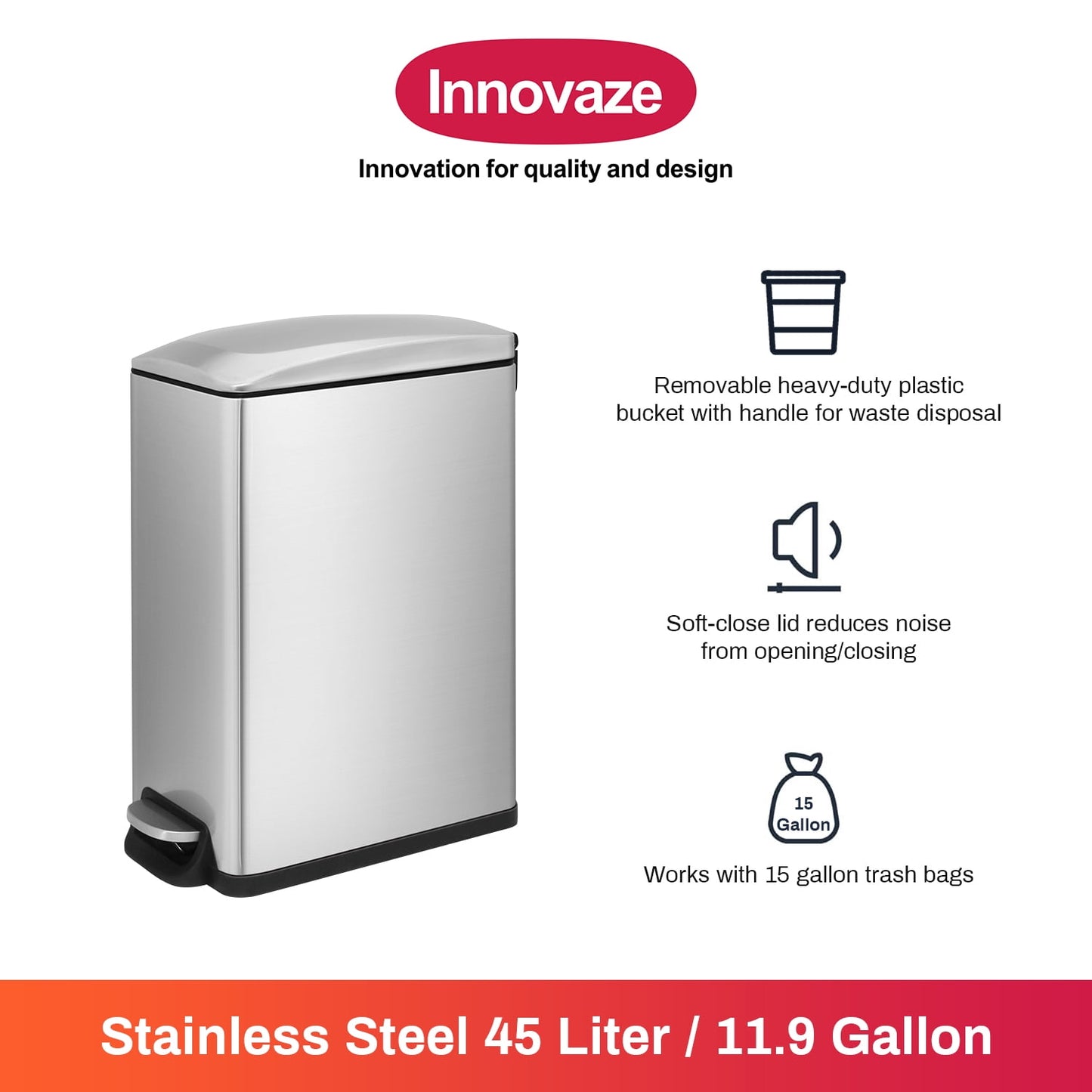 Innovaze 11.9 Gallon Trash Can, Stainless Steel Step on Slim Kitchen Garbage Can, Silver