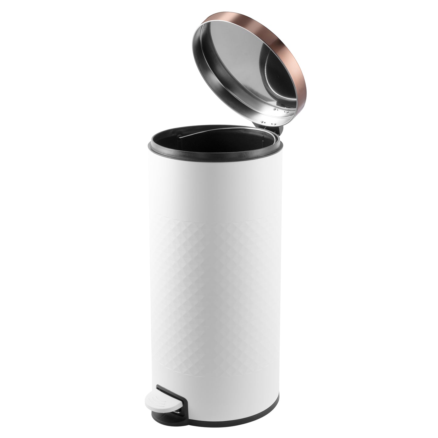 Innovaze 8 Gal. White Metal Round Shape Step-on Kitchen Trash Can with Diamond Body Design. Carbon Steel White