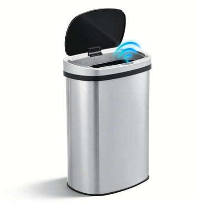 Innovaze 13 Gallon Touchless Motion Sensor Stainless Steel Garbage Can with Durable Plastic Lid , Oval, Silver