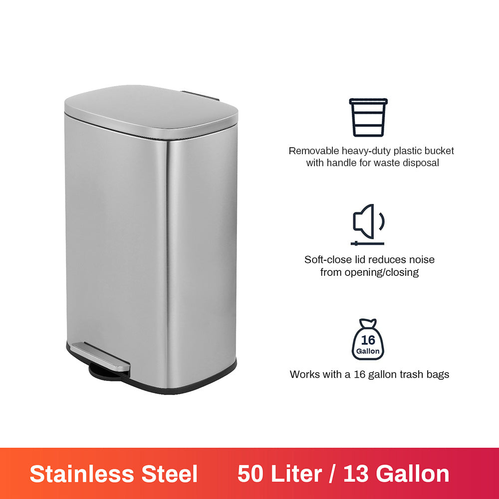 Innovaze 13 Gallon/50 Liter Oval Shape Stainless Steel Step-on Trash Can for Kitchen