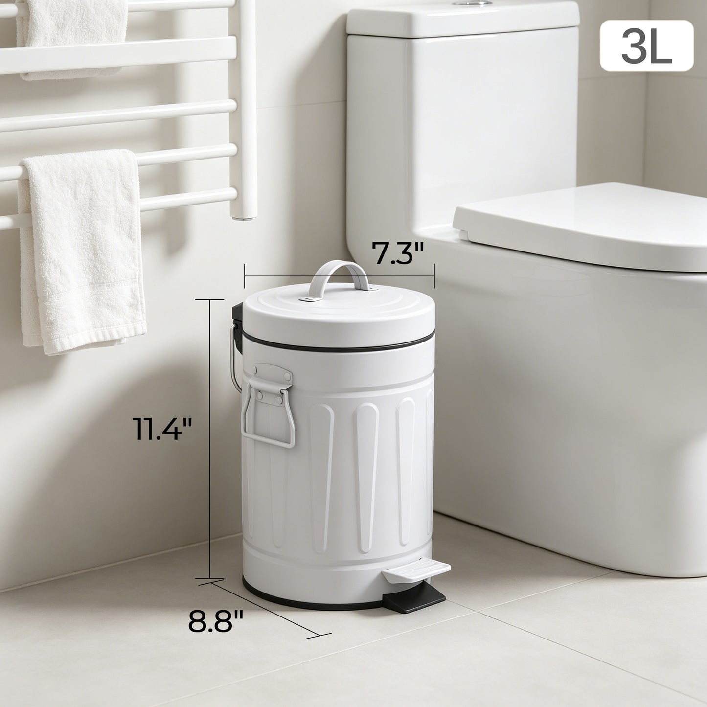 Innovaze 3.2 Gallon and 0.8 Gallon Round Bathroom and Office White Metal Step Trash Can Set