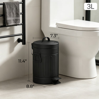 Innovaze 3.2 Gallon and 0.8 Gallon Round Step Bathroom and Office Black Metal Trash Can Set，Black