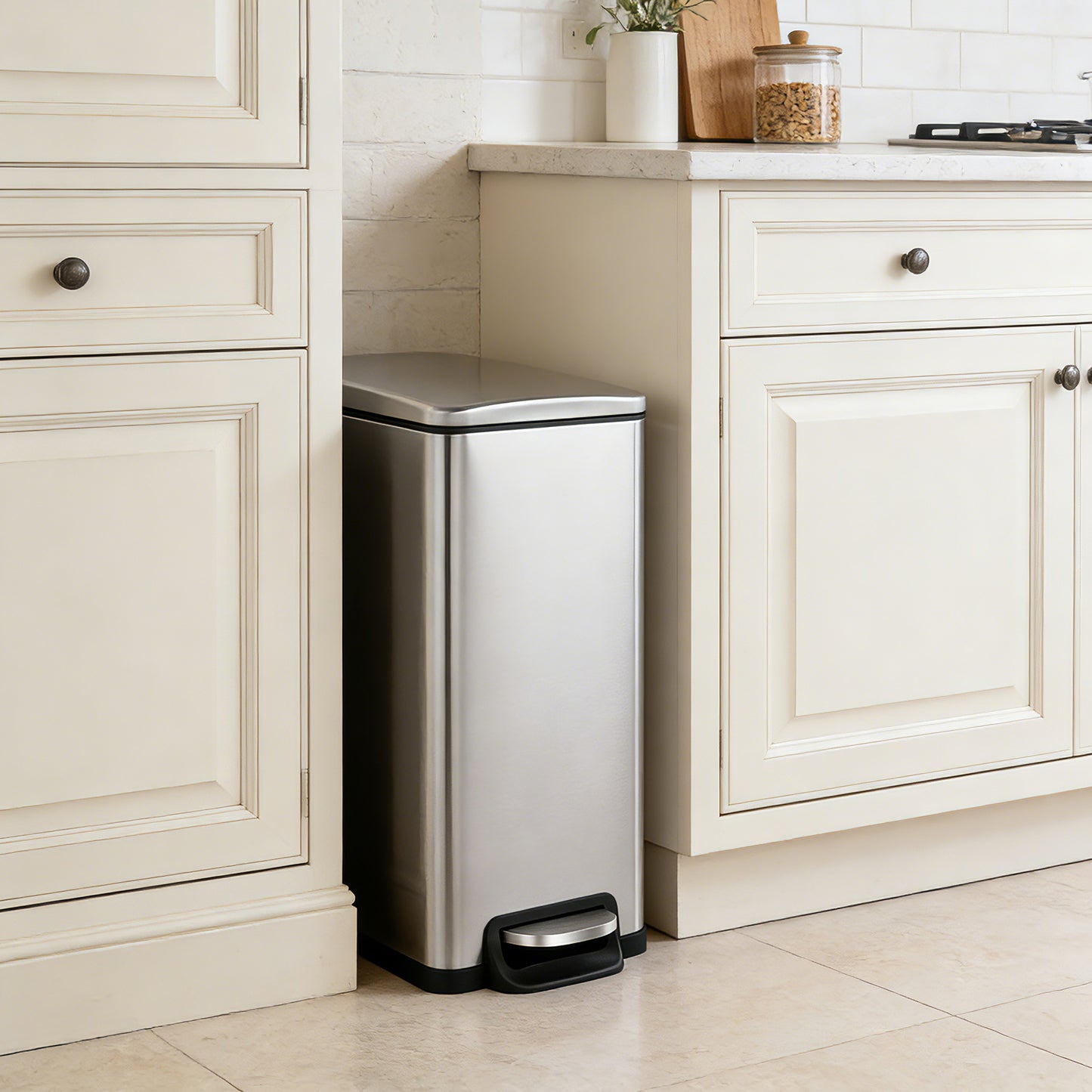 Innovaze 11.9 gal + Two 1.6 gal Slim Trash Can Combo, Stainless Steel Step Kitchen and Bathroom Garbage Can Set
