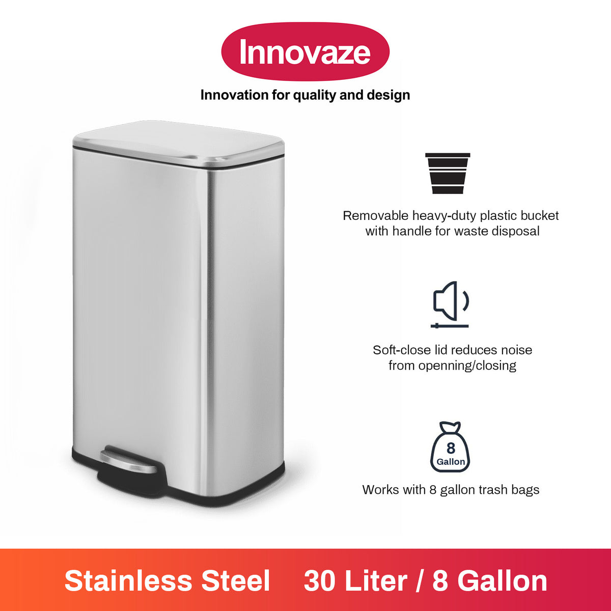 Innovaze 8 Gallon/30 Liter Rectangular Stainless Steel Step-on Trash Can for Kitchen office, Silver