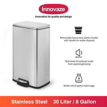 Innovaze 8 Gallon/30 Liter Rectangular Stainless Steel Step-on Trash Can for Kitchen office, Silver