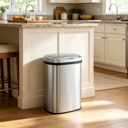 Innovaze 13 Gallon/ 50 Liter Motion Sensor Trash Can, Stainless Steel Oval Kitchen Garbage Can Durable Plastic Lid , Includes 45 Trash Bags, Silver