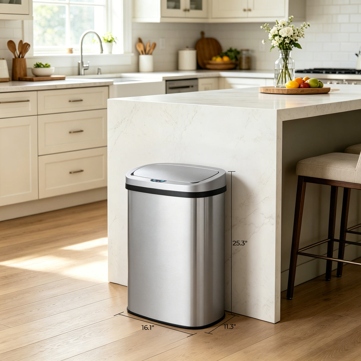 Innovaze 13 Gallon/ 50 Liter Motion Sensor Trash Can, Stainless Steel Oval Kitchen Garbage Can Durable Plastic Lid , Includes 45 Trash Bags, Silver