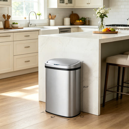 Innovaze 13 Gallon/ 50 Liter Motion Sensor Trash Can, Stainless Steel Oval Kitchen Garbage Can Durable Plastic Lid , Includes 45 Trash Bags, Silver