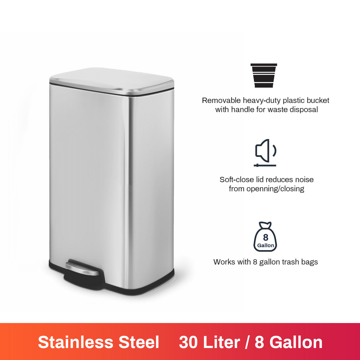 Innovaze 8 Gallon/30 Liter Rectangular Stainless Steel Step-on Trash Can for Kitchen office, Silver