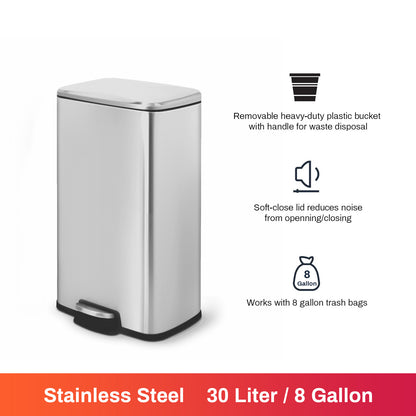 Innovaze 8 Gallon/30 Liter Rectangular Stainless Steel Step-on Trash Can for Kitchen office, Silver