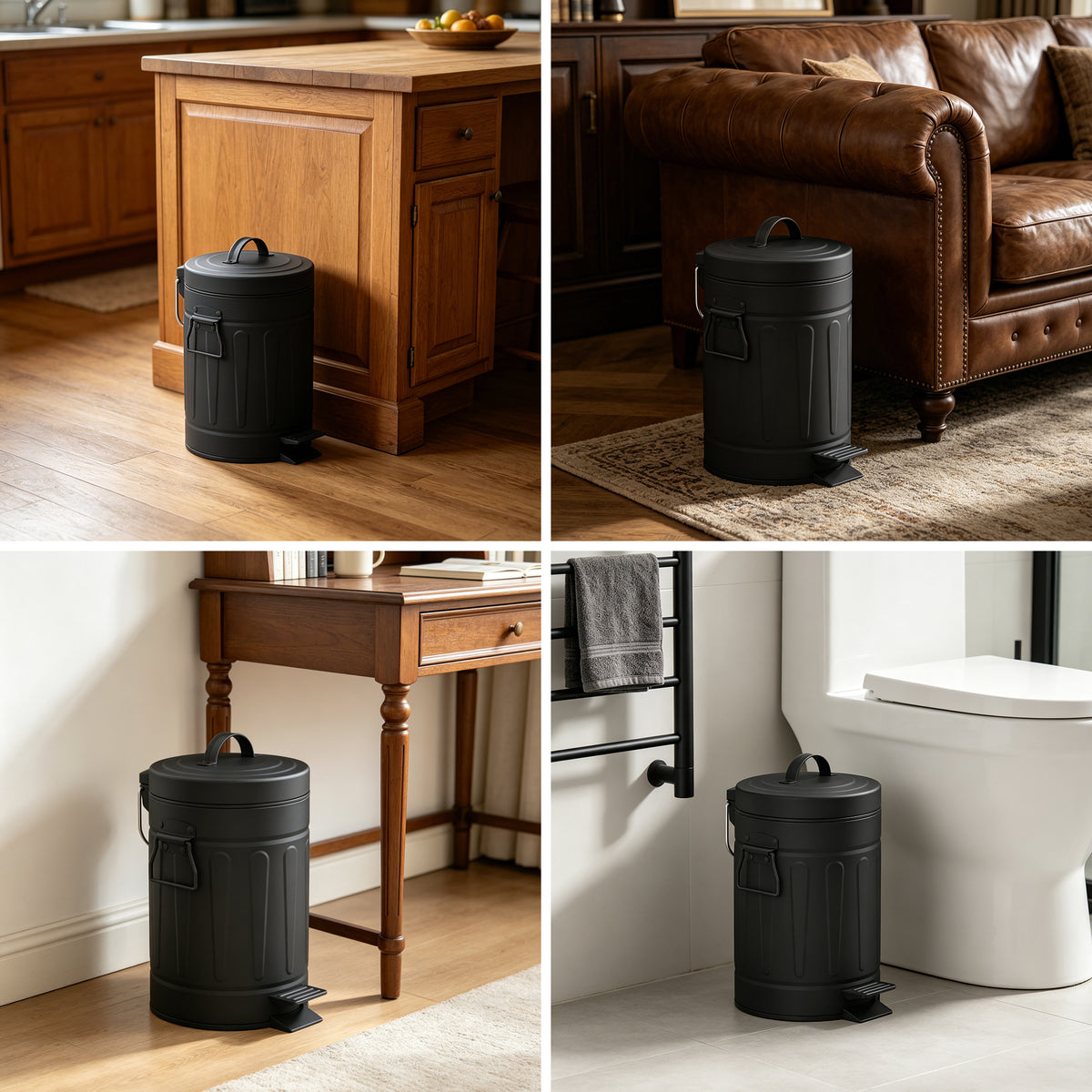 Innovaze 3.2 Gallon and 0.8 Gallon Round Step Bathroom and Office Black Metal Trash Can Set，Black