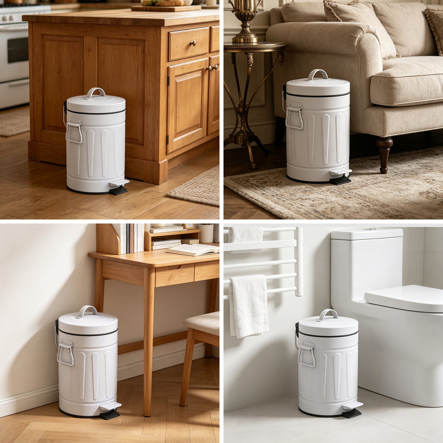 Innovaze 3.2 Gallon and 0.8 Gallon Round Bathroom and Office White Metal Step Trash Can Set