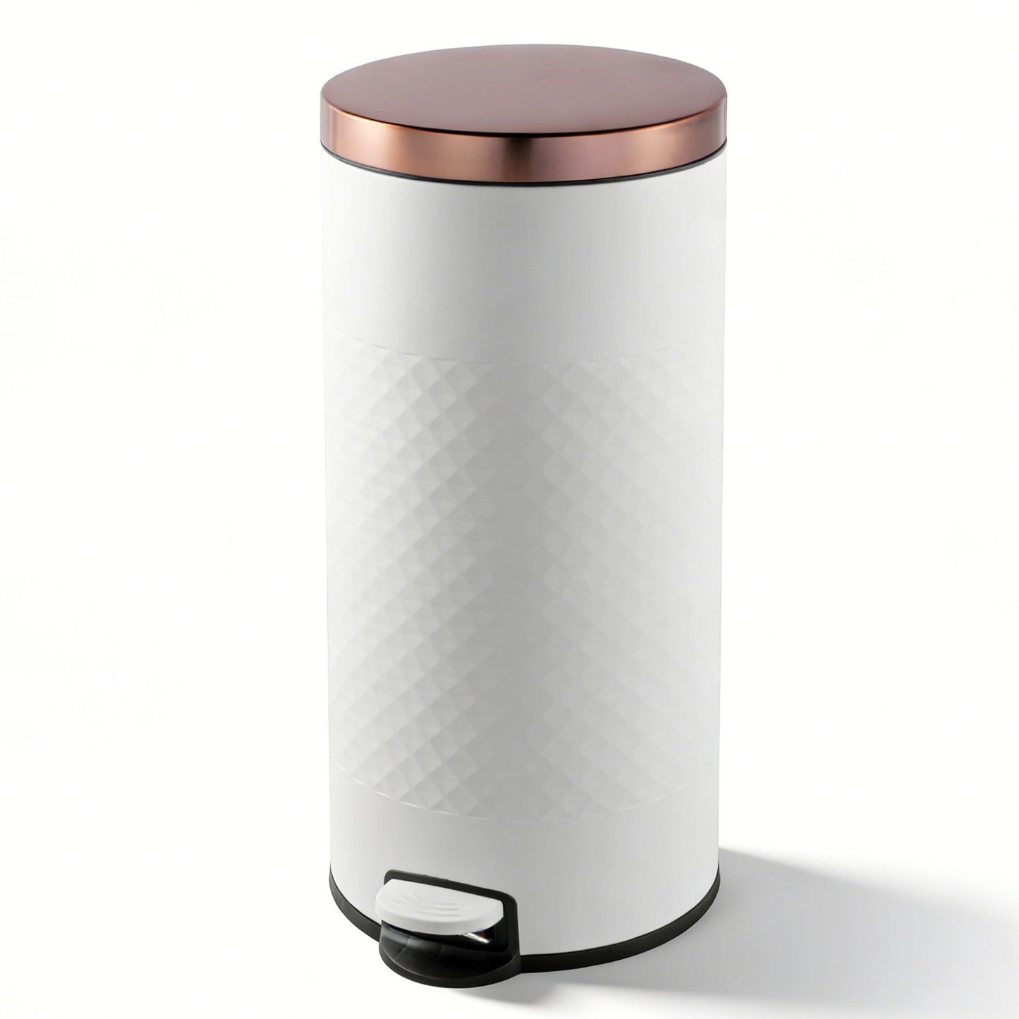 Innovaze 8 Gal. White Metal Round Shape Step-on Kitchen Trash Can with Diamond Body Design. Carbon Steel White