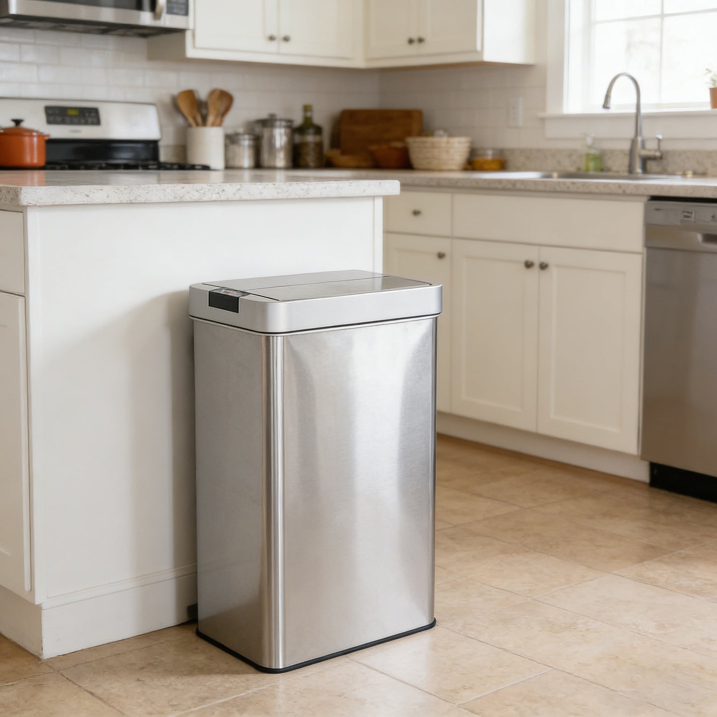 Innovaze 16 Gallon Stainless Steel Slim Motion Sensor Trash Can with Plastic Butterfly Lid, Includes 26 Trash Bags, Silver
