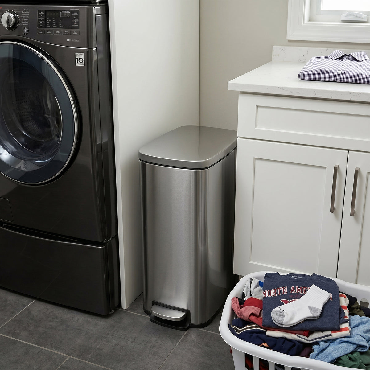 Innovaze 13 Gallon/50 Liter Slim Stainless Steel Step-on Trash Can for Kitchen Laundry Room, Silver