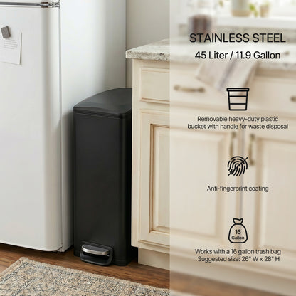 Innovaze 11.9 Gal./ 45 Liter Slim Stainless-Steel-Made Step-on kitchen Trash Can (Matt Black)
