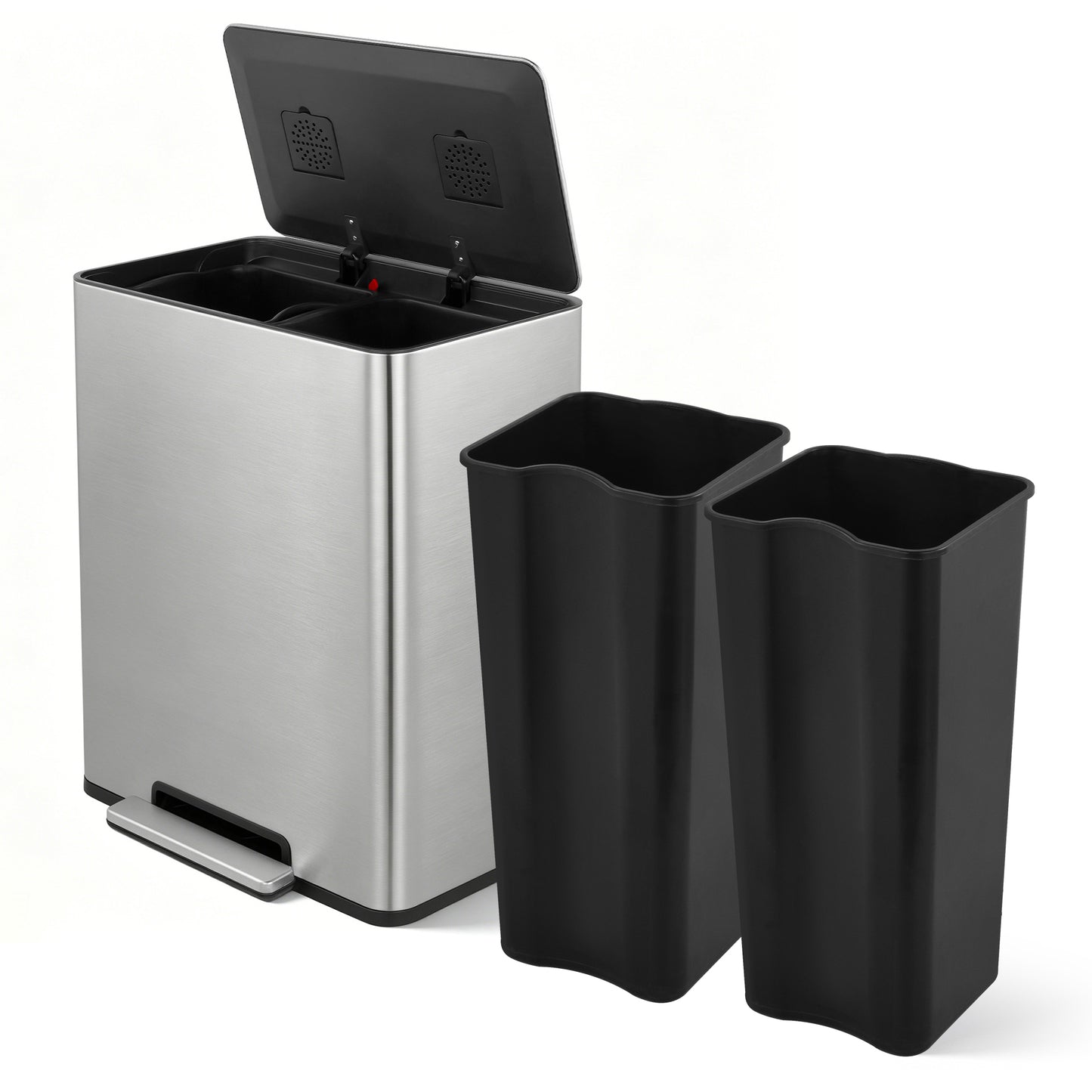 Innovaze 16 Gallon Stainless Steel Kitchen Trash Can, Dual 30L Compartments with Soft-Close Lid, Foot Pedals, Removable Buckets & Fingerprint-Resistant Finish, Silver