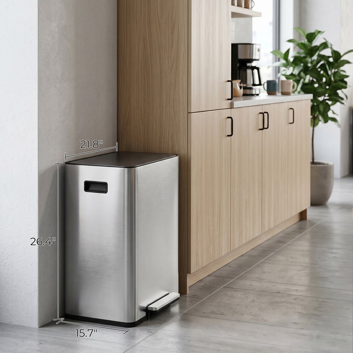 Innovaze 16 Gallon Stainless Steel Kitchen Trash Can, Dual 30L Compartments with Soft-Close Lid, Foot Pedals, Removable Buckets & Fingerprint-Resistant Finish, Silver