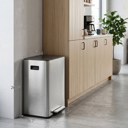 Innovaze 16 Gallon Stainless Steel Kitchen Trash Can, Dual 30L Compartments with Soft-Close Lid, Foot Pedals, Removable Buckets & Fingerprint-Resistant Finish, Silver