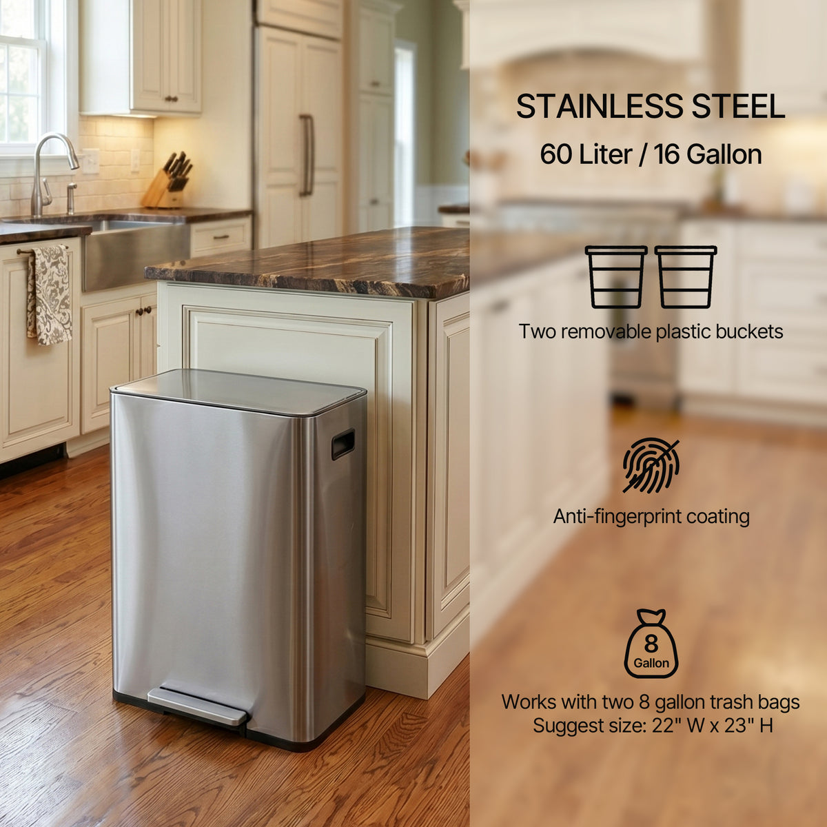 Innovaze 16 Gallon Stainless Steel Kitchen Trash Can, Dual 30L Compartments with Soft-Close Lid, Foot Pedals, Removable Buckets & Fingerprint-Resistant Finish, Silver