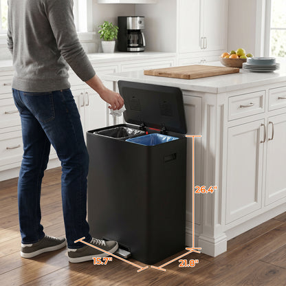 Innovaze 16/60L Gallon Stainless Steel Dual-Compartment Recycling Trash Can for Kitchen, Matte Black