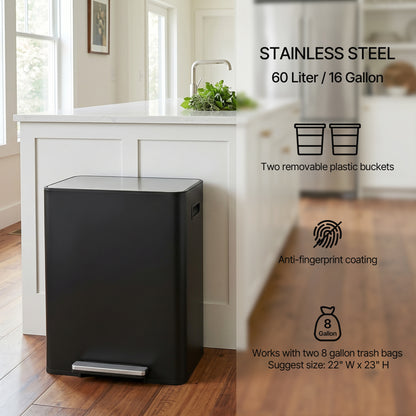 Innovaze 16/60L Gallon Stainless Steel Dual-Compartment Recycling Trash Can for Kitchen, Matte Black