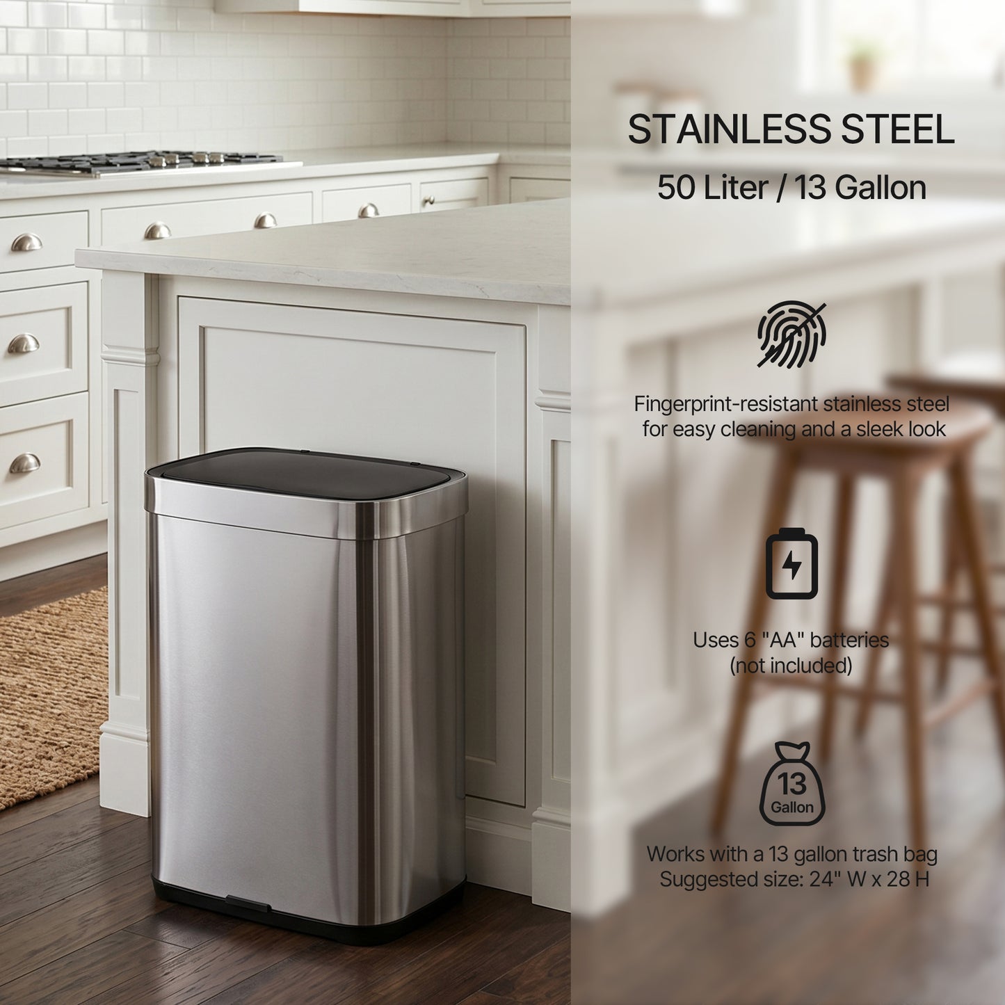 Innovaze 13 Gallon / 50 Liter Touchless Motion Sensor Trash Can, Stainless Steel Kitchen Garbage Can with Soft Close Lid, Fingerprint Resistant, Includes 45 Trash Bags, Silver