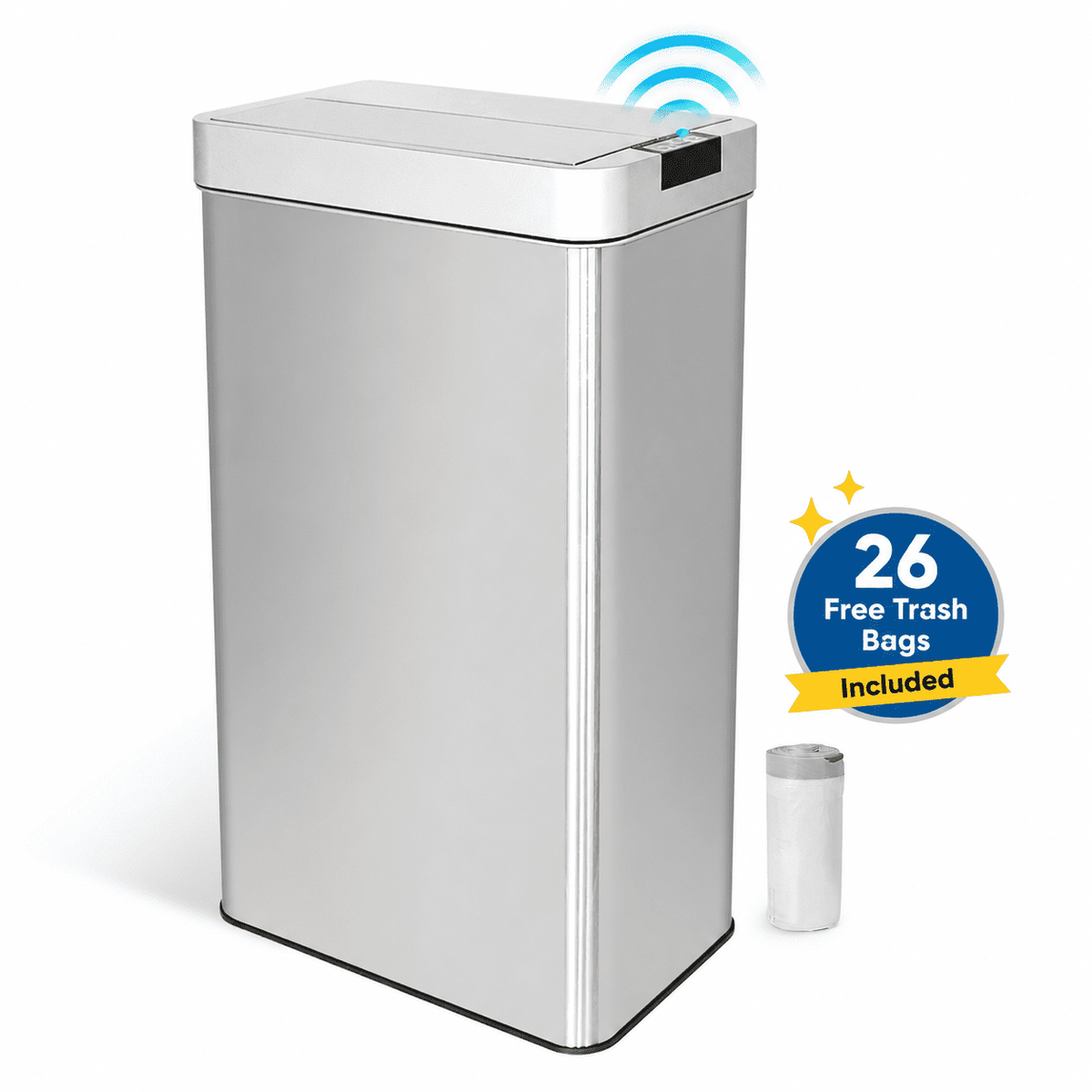 Innovaze 16 Gallon Stainless Steel Slim Motion Sensor Trash Can with Plastic Butterfly Lid, Includes 26 Trash Bags, Silver