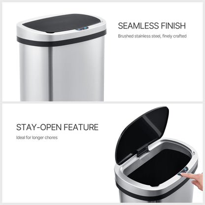 Innovaze 13 Gallon Touchless Motion Sensor Stainless Steel Garbage Can with Durable Plastic Lid , Oval, Silver