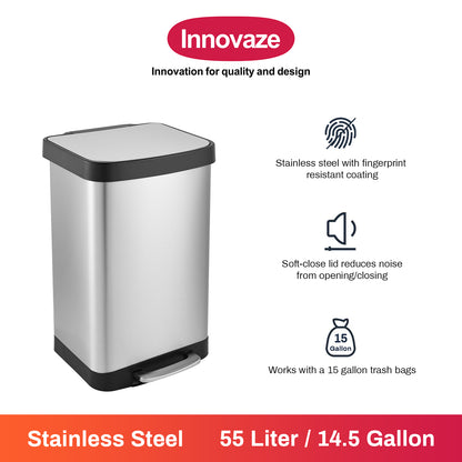 Innovaze 14.5 Gallon Trash Can, Stainless Steel Rectangular Step on Kitchen Garbage Can, Silver