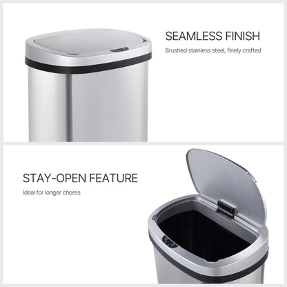 Innovaze 13 Gallon/ 50 Liter Motion Sensor Trash Can, Stainless Steel Oval Kitchen Garbage Can Durable Plastic Lid , Includes 45 Trash Bags, Silver