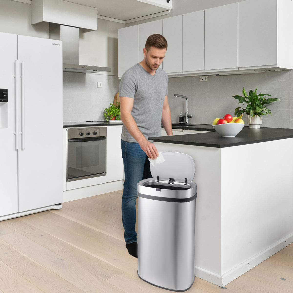 Innovaze 18 Gal. Touchless Motion Sensor Stainless Steel Kitchen Trash Can, Oval Design, Includes 26 Trash Bags, Silver