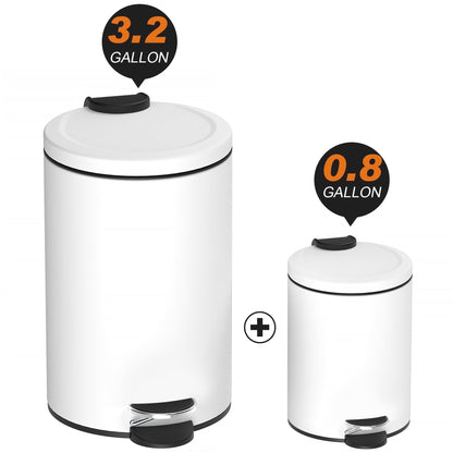 Innovaze 3.2 and 0.8 Gallon Trash Can Combo, Round Step On Office and Bathroom Trash Can, White
