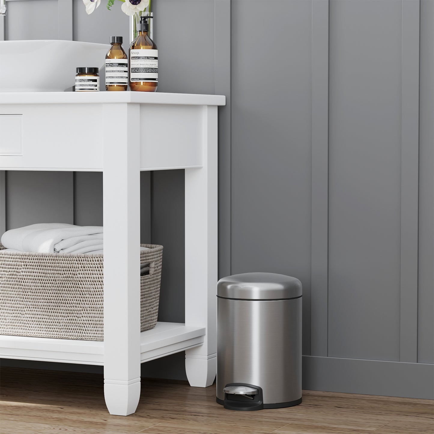 Innovaze 1.3 Gallon/5L Trash Can, Stainless Steel Bathroom Step-on Wastebasket with Lid