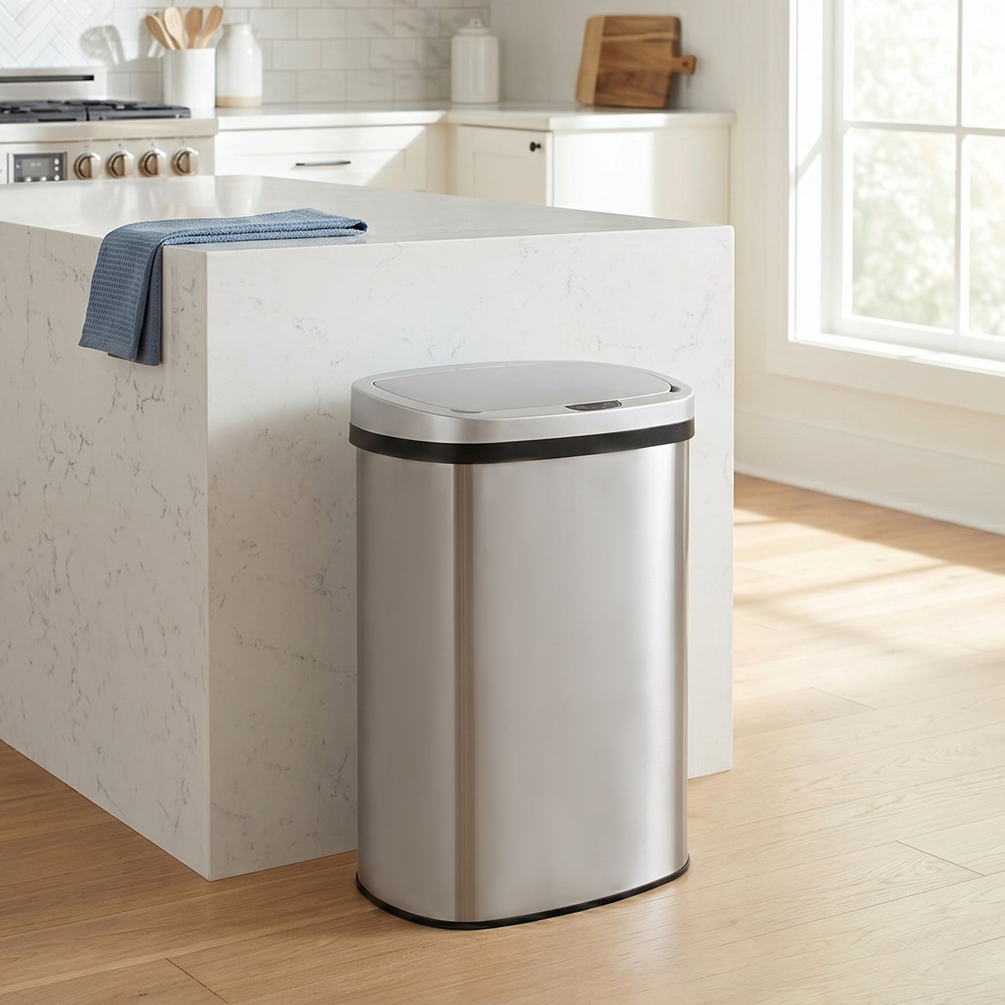 Innovaze 13.2 Gallon Motion Sensor Trash Can, Stainless Steel Oval Kitchen Garbage Can, Silver