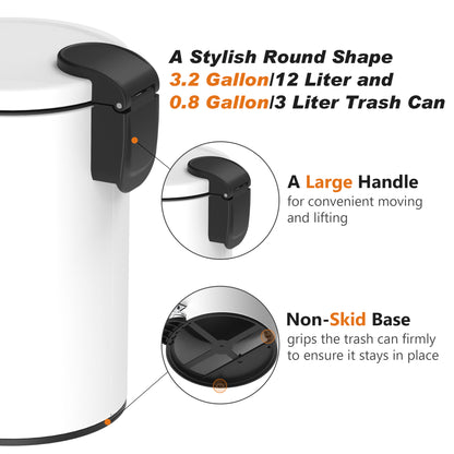 Innovaze 3.2 and 0.8 Gallon Trash Can Combo, Round Step On Office and Bathroom Trash Can, White