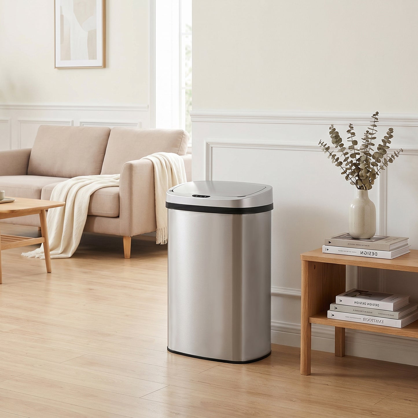 Innovaze 13.2 Gallon Motion Sensor Trash Can, Stainless Steel Oval Kitchen Garbage Can, Silver