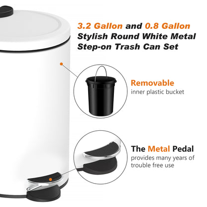 Innovaze 3.2 and 0.8 Gallon Trash Can Combo, Round Step On Office and Bathroom Trash Can, White