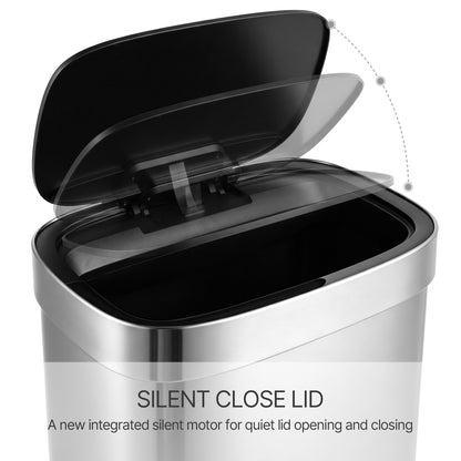 Innovaze 13 Gallon / 50 Liter Touchless Motion Sensor Trash Can, Stainless Steel Kitchen Garbage Can with Soft Close Lid, Fingerprint Resistant, Includes 45 Trash Bags, Silver