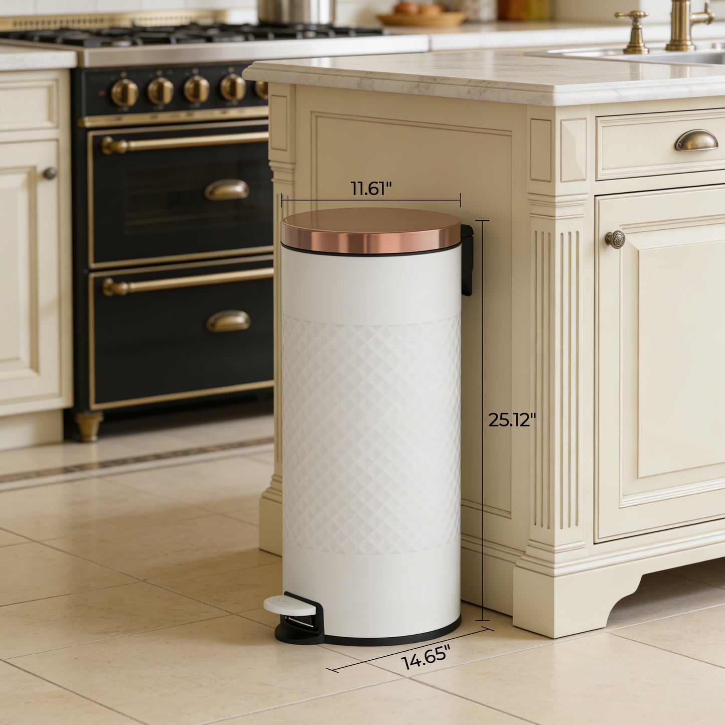 Innovaze 8 Gal. White Metal Round Shape Step-on Kitchen Trash Can with Diamond Body Design. Carbon Steel White