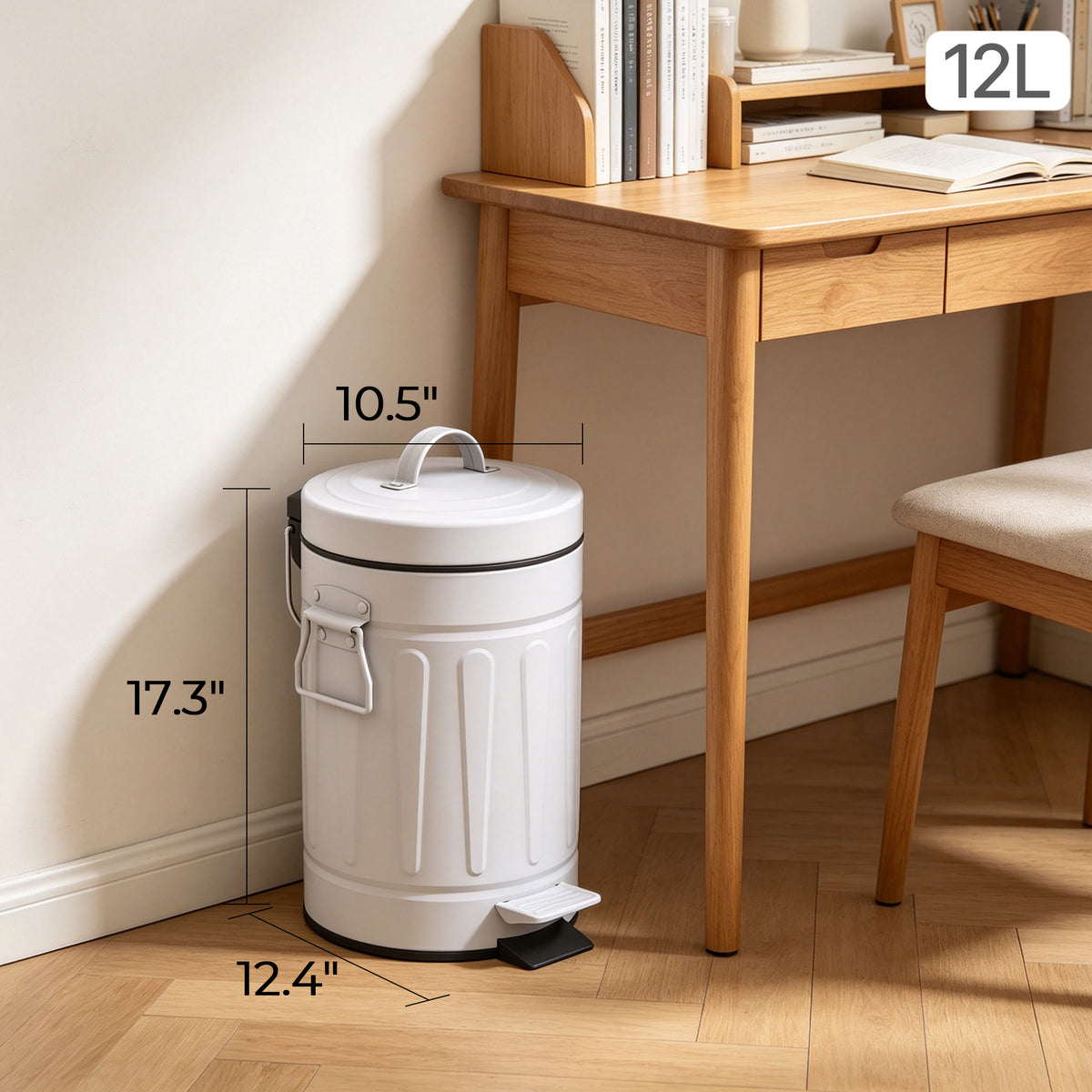 Innovaze 3.2 Gallon and 0.8 Gallon Round Bathroom and Office White Metal Step Trash Can Set