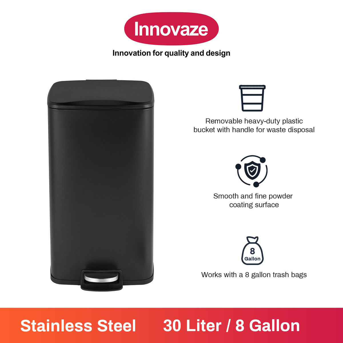 Innovaze Innovaze 8 Gal./30 Liter Rectangular step-on Trash Can for kitchen, Matt Black