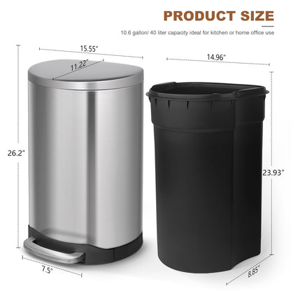Innovaze 10.6 Gallon/40 Liter Stainless Steel Step Trash Can, Space-Saving Semi-Round Kitchen Trash Can, Silver