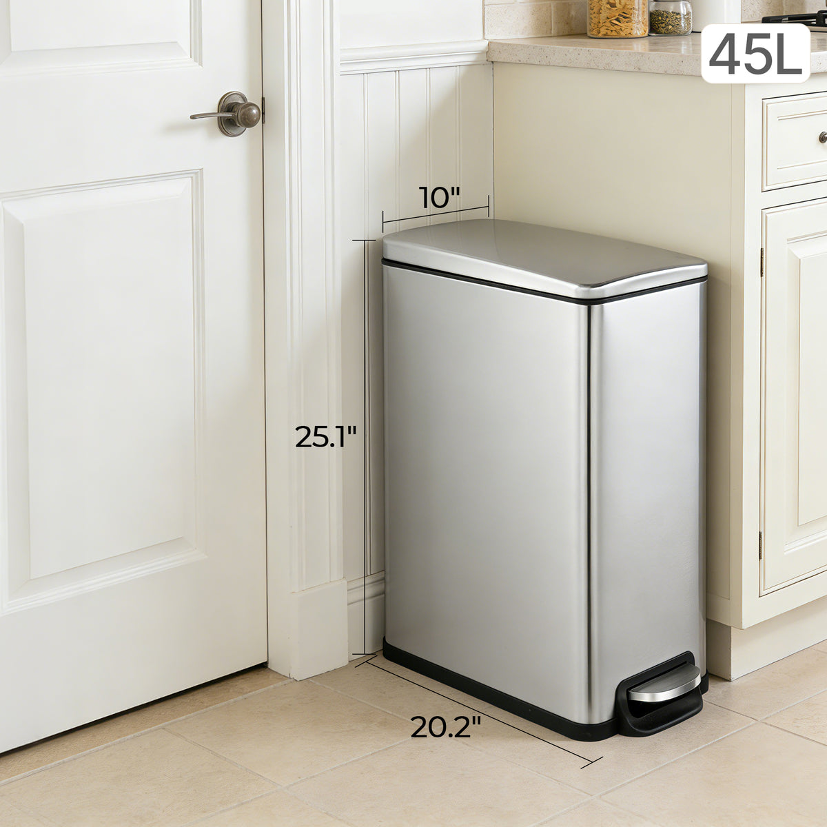 Innovaze 11.9 gal + Two 1.6 gal Slim Trash Can Combo, Stainless Steel Step Kitchen and Bathroom Garbage Can Set