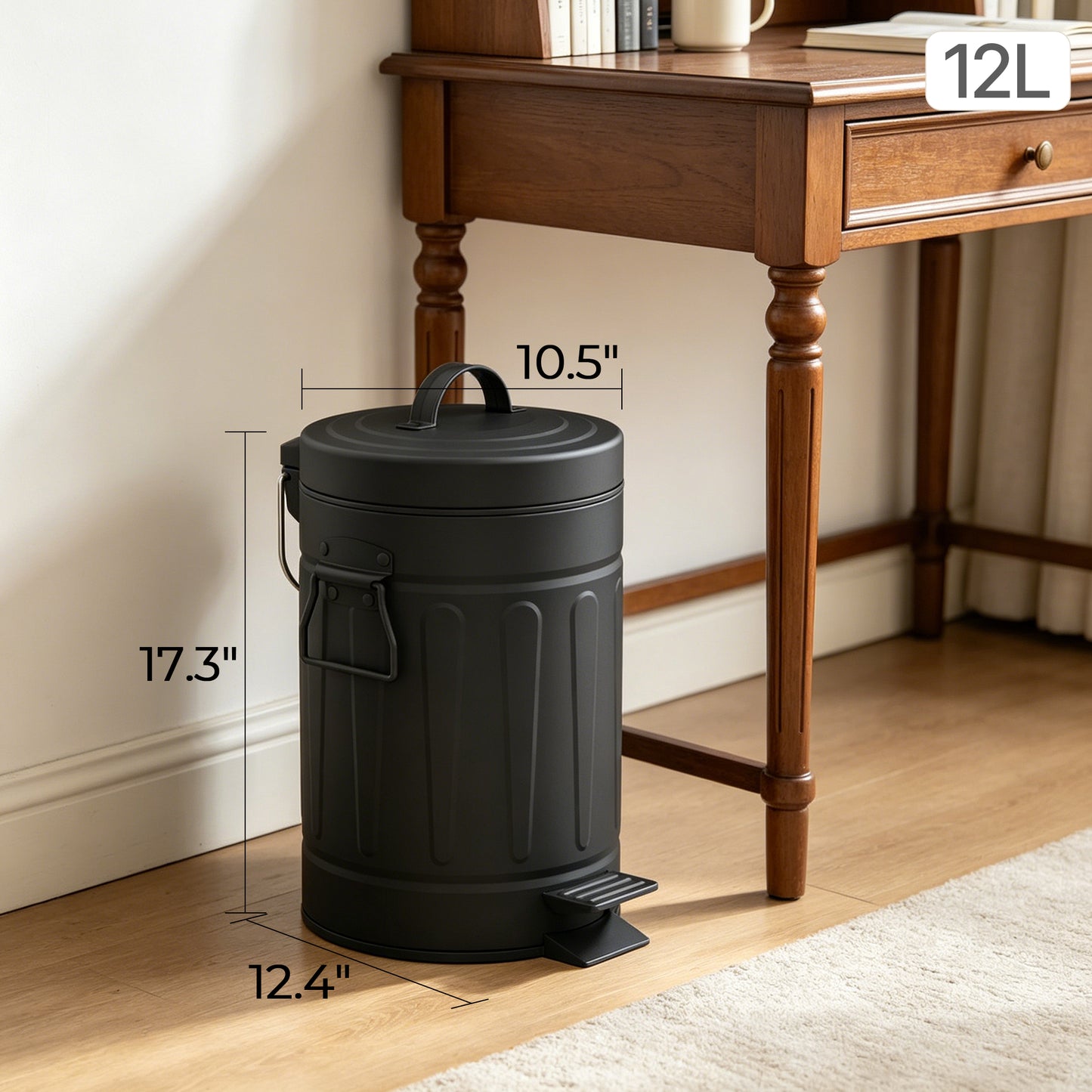 Innovaze 3.2 Gallon and 0.8 Gallon Round Step Bathroom and Office Black Metal Trash Can Set，Black